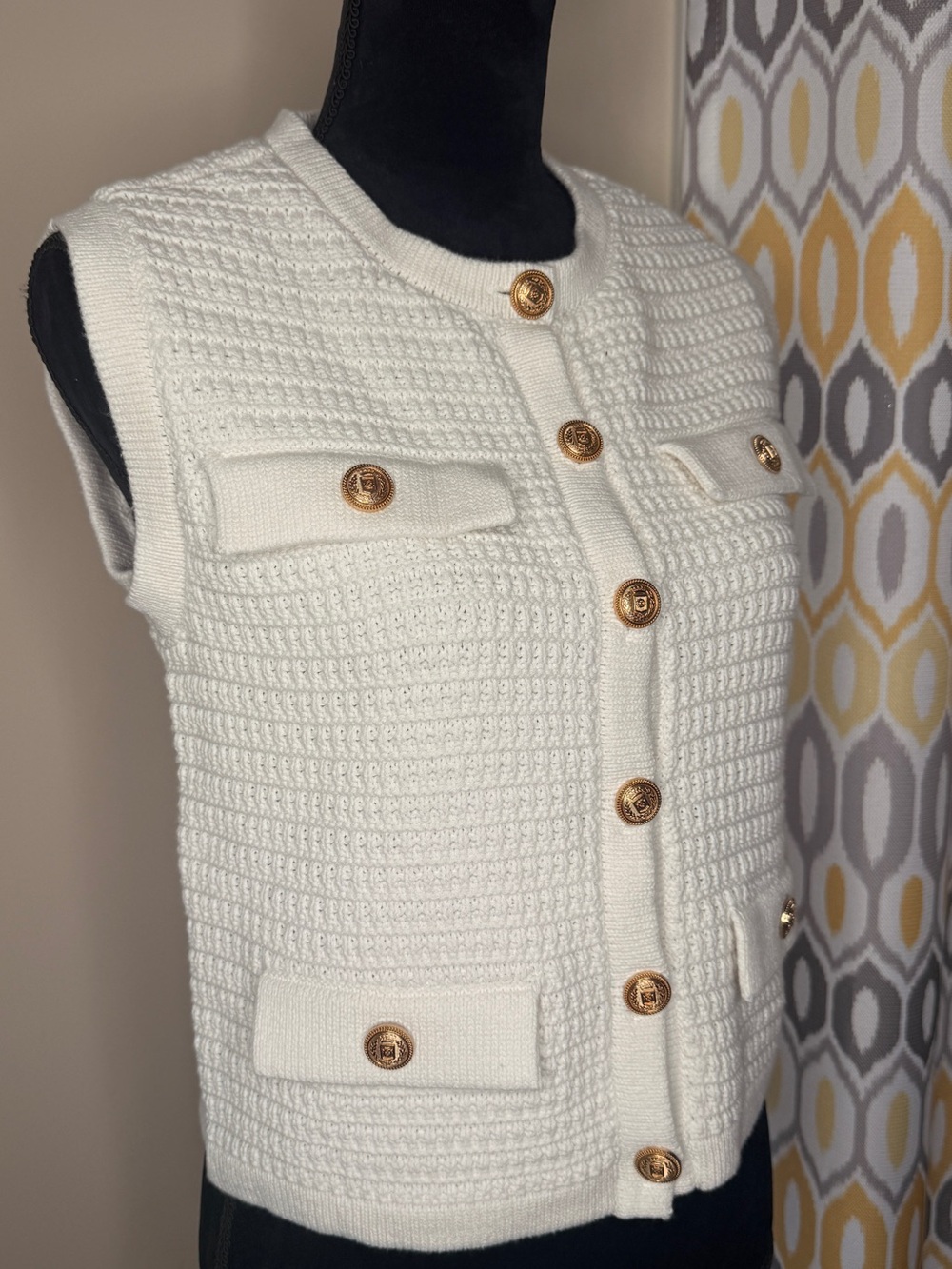 Blank NYC Cream Textured Knit Sleeveless Cardigan with Gold Buttons